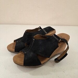 Clarks Cushion Soft Black Suede Cork Wedge Slingback Sandals Women 5.5 M